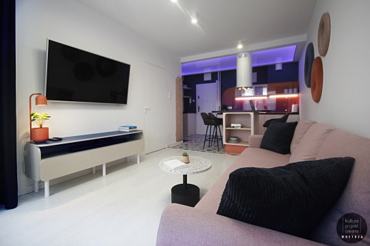 salon z TV komodą 2-osobową sofą - NewlifeApartamentsSpa