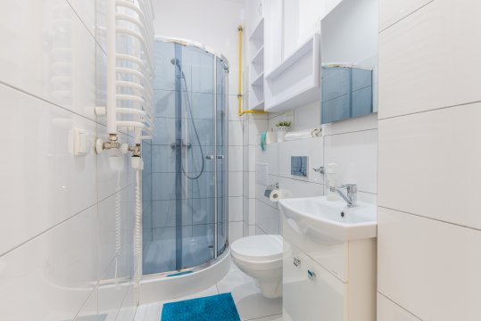 prywatna łazienka z prysznice i pralką w każdym mieszkaniu - Pod Muralem - apartamenty Little Heaven