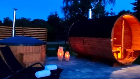 Sauna balia - Nowa Osada Domki przy plaży - całoroczne domki na Mazurach