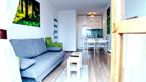widok na salon z aneksem kuchennym z balkonu