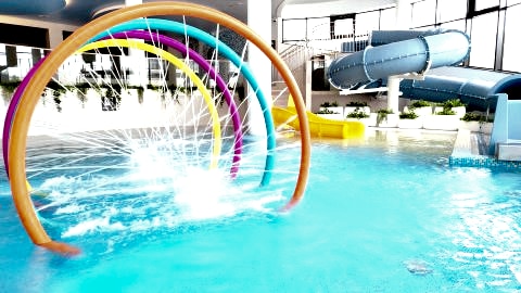 Basen wewnętrzny, zjeżdżalnia rura, plac zabaw dla dzieci z małą zjeżdżalnią, jacuzzi, masujące łoża i dysze.