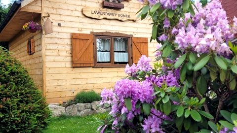 Lawendowy domek z ogrodem z widokiem na góry, obok lasy, stawy, blisko Karpacza