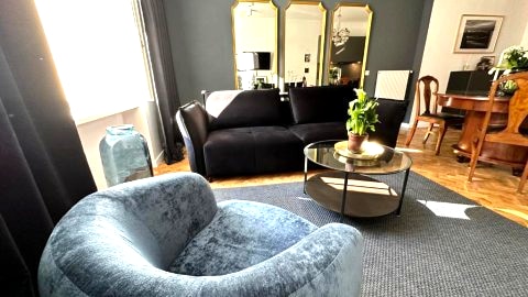 Salon z sofą rozkładaną oraz fotelem